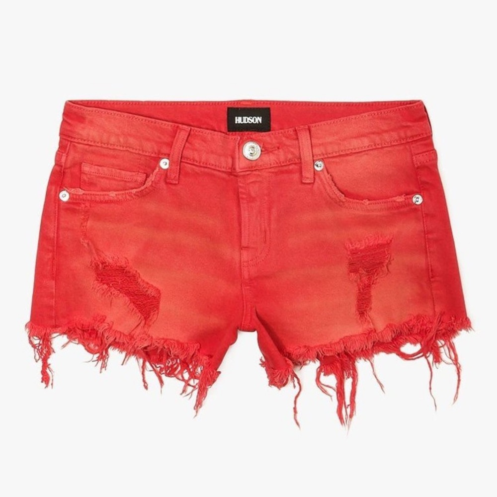 Hudson red distressed denim shorts with frayed hem. Size 26